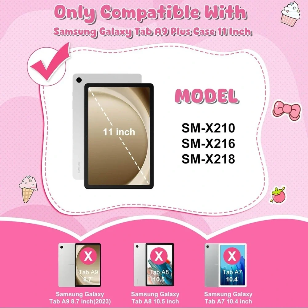 Galaxy Tab A9 Plus 11” Case Kids Pink w/ Strap Handle & Rotating Stand